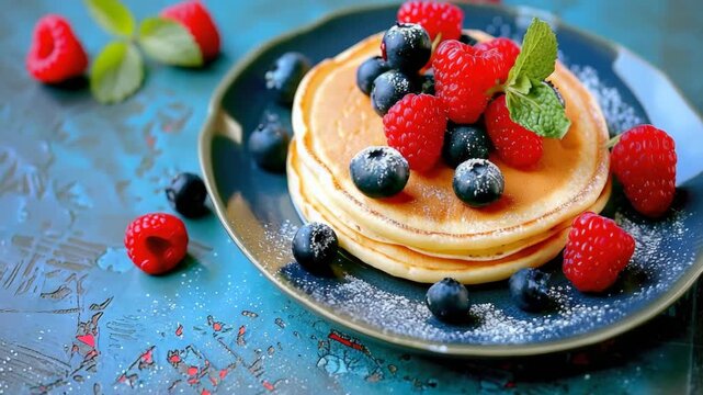 A close-up of a blueberry pancake with raspberries and mint, served on a dark plate. The pancakes have powdered sugar topping them.