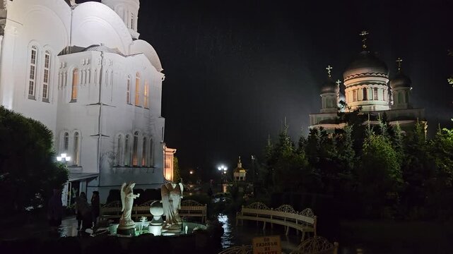 Large building with a dome on top is lit up at night. The building is surrounded by trees and a pond