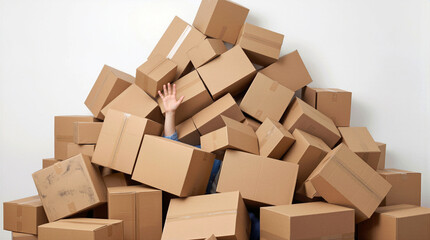 Buried person reaching out from under huge pile of cardboard boxes. Overwhelming clutter and consumerism concept.