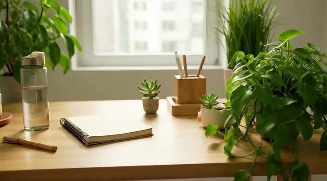 cozy home office desk with plants and stationery