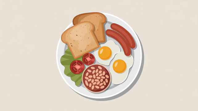 Delicious breakfast plate with toast eggs sausages baked beans and fresh tomatoes on a white plate