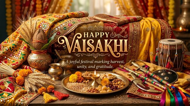 Vibrant Vaisakhi banner with intricate phulkari and golden ornaments