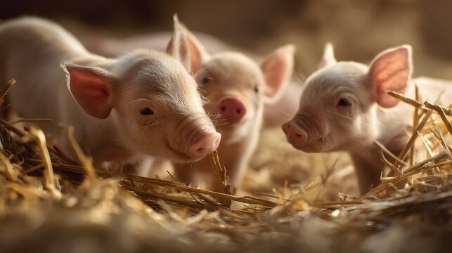 Three young pigs stand in golden straw
