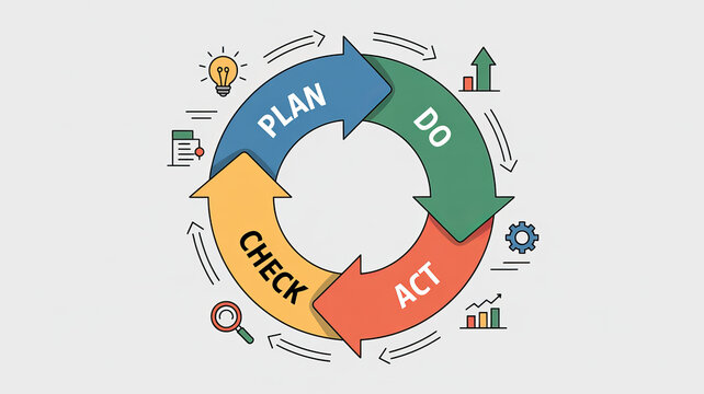 PDCA Cycle: Illustrating a dynamic visual representation of the PDCA cycle, highlighting the continuous process of Plan, Do, Check, and Act for improvement and efficiency.