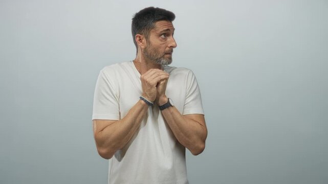 Man with clasped hands and bare forearms in studio against light blue wall; anxiety vulnerability hesitation.