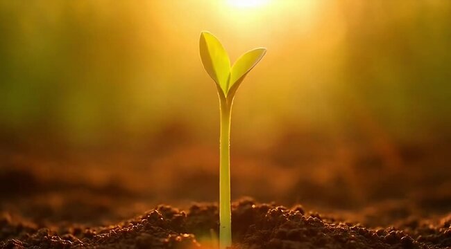 young green seedling growing in soil with sunlight