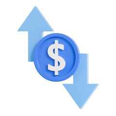 Obraz premium 3D illustration of a dollar symbol with upward and downward arrows representing financial growth, decline, market trends, profit and loss