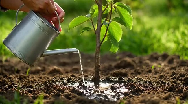 person watering young tree with metal watering can outdoors