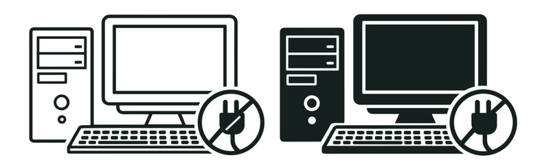 Fototapeta premium computer unplug power icon, desktop device energy saving vector symbol, electricity shutdown and eco consumption line illustration on transparent background