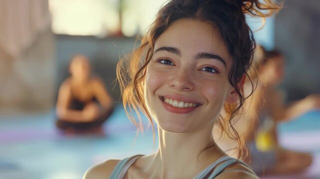 A young woman with a bright smile is seen enjoying an outdoor activity, possibly yoga or a fitness class. She's part of a friendly and health-oriented community.
