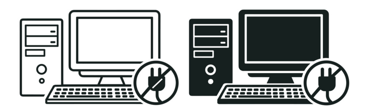 computer unplug power icon, desktop device energy saving vector symbol, electricity shutdown and eco consumption line illustration on transparent background