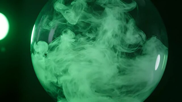Green smoke swirling inside clear glass sphere, ethereal potion liquid movement, mystical magic spell effect for Halloween holiday background, fantasy science experiment concept