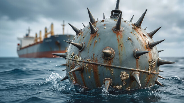 Sea mine floating in shipping lane with bulk carrier in background. Concept of maritime security threats and naval warfare.