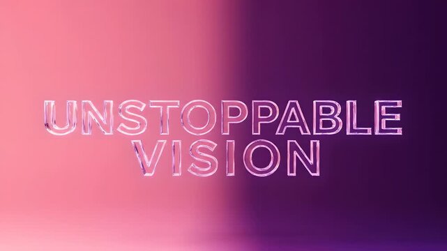 Crystal neon text 'Unstoppable Vision' glowing in pink and purple hues, modern typography animation, inspirational corporate slogan concept
