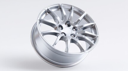 Obraz premium Close up view of a silver multi spoke alloy wheel isolated on a white background with studio lighting for clear product display
