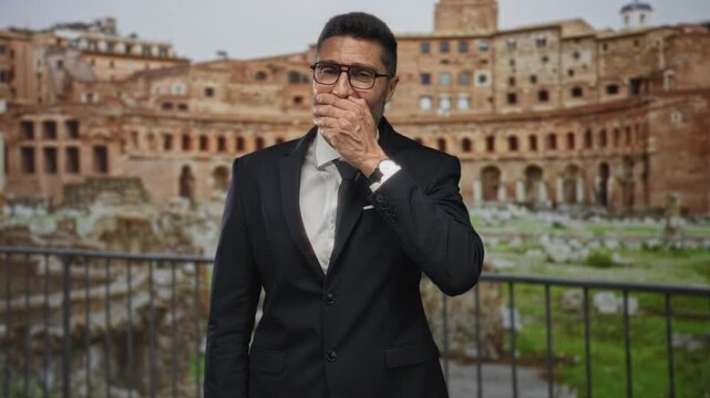 Man in black suit covering mouth with hand and pointing thumb toward ruins at building railing; surprise secrecy.