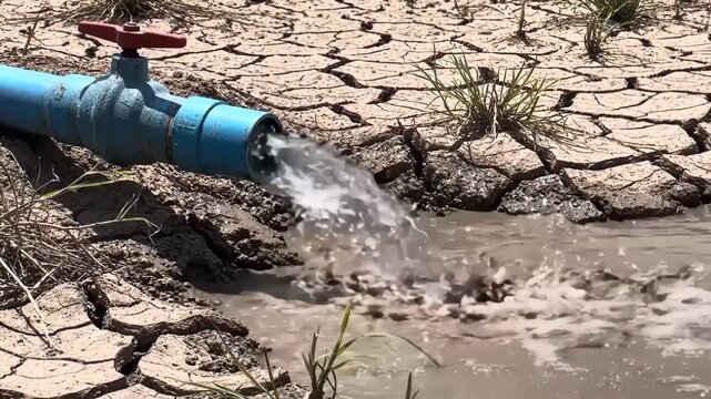 Blue water pipe leaking on dry cracked earth landscape