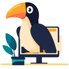 Naklejka premium Toucan Bird on Computer Screen at Desk - Tropical Avian Creative Concept, Office Workspace Setup with Plant, Modern Flat Vector Illustration on White Background Isolated [200 chars]