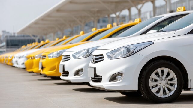Rental cars parked at an airport or transport hub with various colors and types of vehicles lined up for customer use