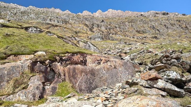 Crib Goch Mountain Ridge Viewed from the Pyg Track, Eryri Snowdonia National Park, Gwynedd, North Wales, UK