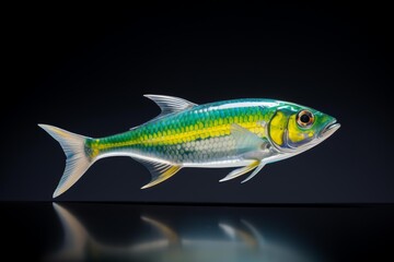 Fototapeta premium Vivid fish displaying striking green, yellow, and silver scales with a dark background