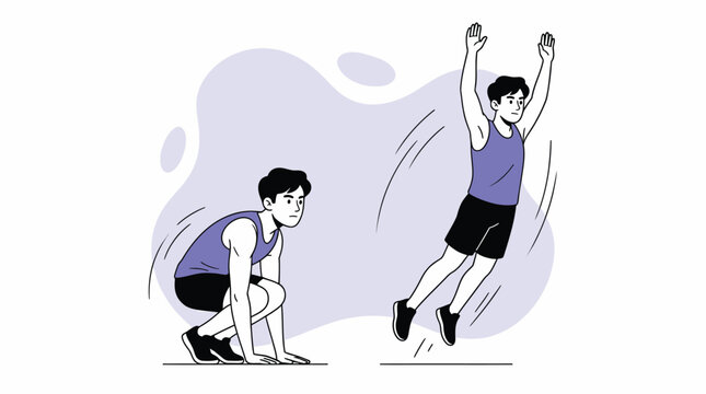 Full Body Workout Illustration of Young Man Executing a Broad Jump, Showing Dynamic Exercise Motion and Athletic Training