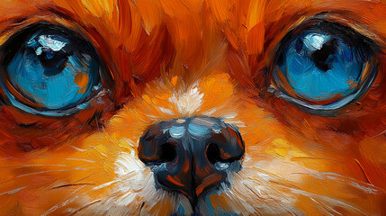Obraz premium Expressive oil painting captures intense blue eyes and wet black nose of adorable fox, rendered with thick, impasto brushstrokes in vibrant orange and warm hues, showcasing close-up, intimate portrait