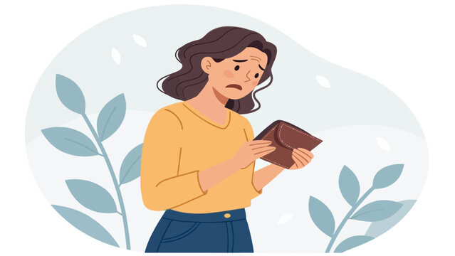 A worried woman holding an empty wallet with a sad expression on her face