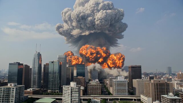 Nuclear or normal explosion exploding in the middle of a modern city and mushroom cloud.