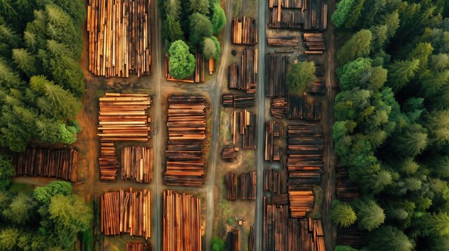 Aerial view of logging site with stacked timber in forest