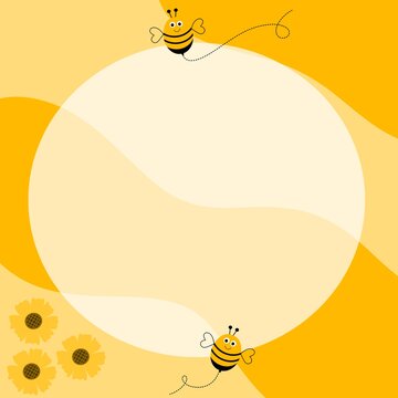 Playful bee and sunflower frame with abstract yellow waves