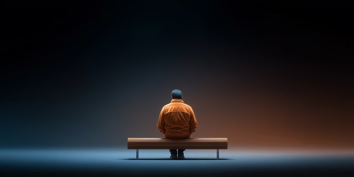 Lone person sitting on wooden bench in dark space
