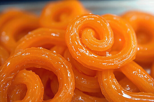 Bright orange jalebi spirals close up