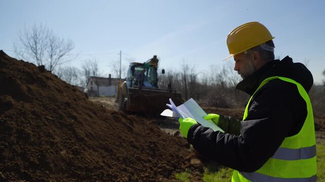 Close-up profile of a mature male architect in safety gear checking documents and project plans while heavy machinery works on the ground in the background.
