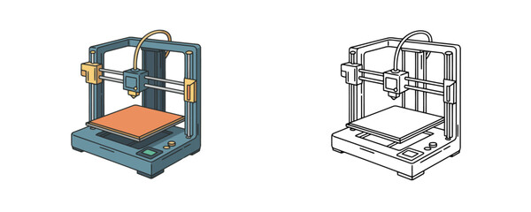 Desktop 3D printer in blue and orange cartoon style and black and white line art version isolated on white background used for prototyping and additive manufacturing © Dzianis