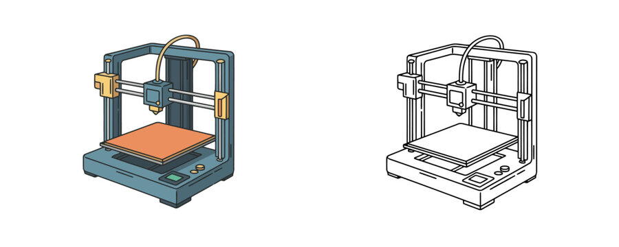 Desktop 3D printer in blue and orange cartoon style and black and white line art version isolated on white background used for prototyping and additive manufacturing