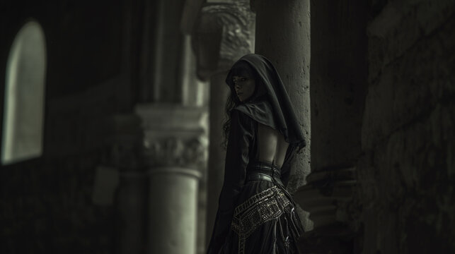 Hooded mysterious woman looking back in dark ruins