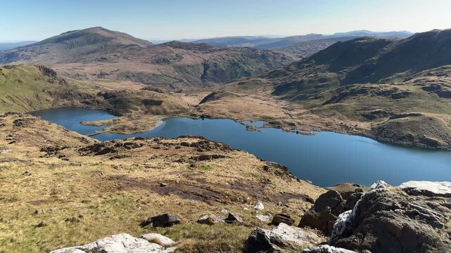 Miner's Track to Snowdon crossing Llyn Llydaw Lake Viewed from the Pyg Track, Eryri Snowdonia National Park, North Wales, UK