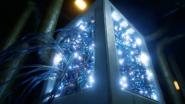 A captivating view of a futuristic technology hub featuring a glowing data server interlaced with vibrant cables, illuminating the dark environment with blue lights.