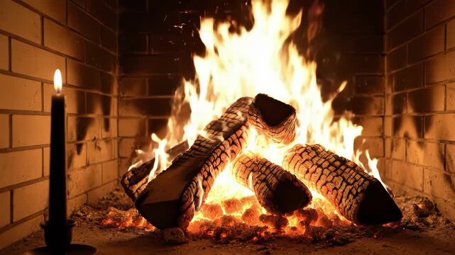 Warm and cozy fireplace with burning logs and a candle