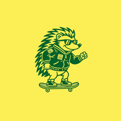 Hedgehog wearing jacket on skateboard. © logo