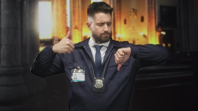 Hispanic man police detective wearing badge and id gives thumbs up and thumbs down while checking wrist in building; duty doubt.