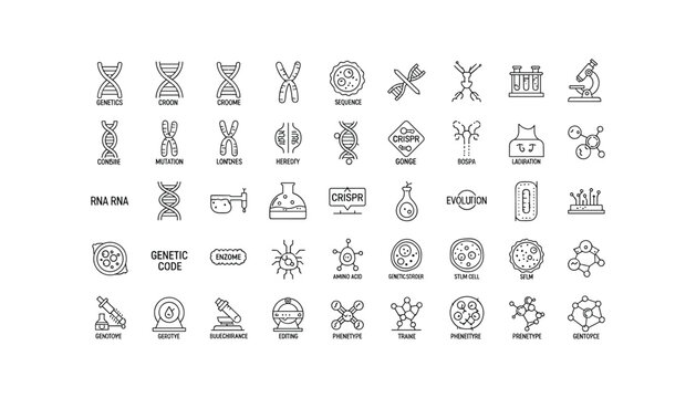 Genetics and biotechnology icons set for scientific and medical use
