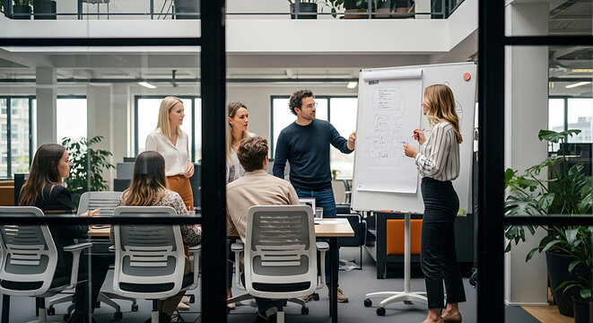 Business team collaborating around a whiteboard during a corporate meeting, discussing strategy and planning