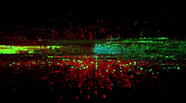 Dynamic red and green digital glitch effects with pixelated data streams. Abstract cyber security and technology background with flickering light.