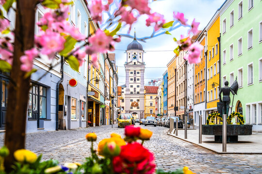 Vilshofen an der Donau, scenic German town view through flower frame