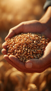 maos com graos de trigo recem colhidos no campo conceito colheita agricultura natural agro