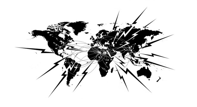 Global communication network and energy transfer illustrated with a world map, lightning bolts, and connecting lines, symbolizing connectivity.