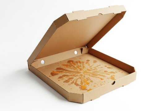 Empty cardboard pizza box with grease stains isolated on white background
