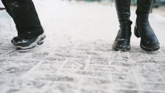 Mom and son walking on snowy pavement, lowangle closeup of boots and sneakers crossing icy cobblestone path, winter coats visible, soft urban park background, quiet cold atmosphere, protective family